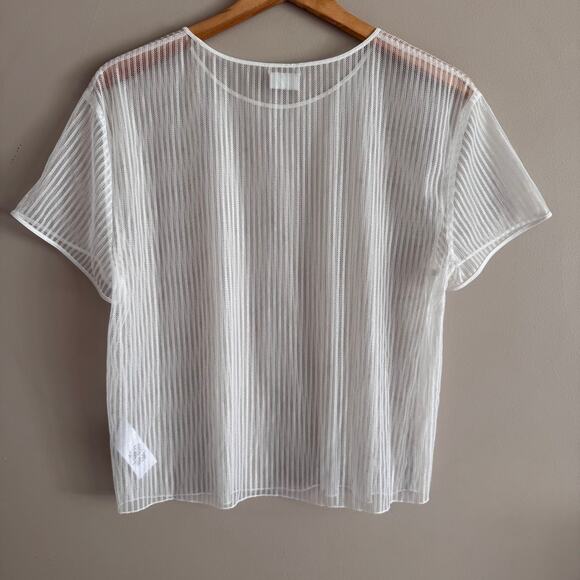 Aritzia Babaton White Sheer Stripe Mesh Short Sleeve TShirt Top Size Medium - Picture 5 of 5